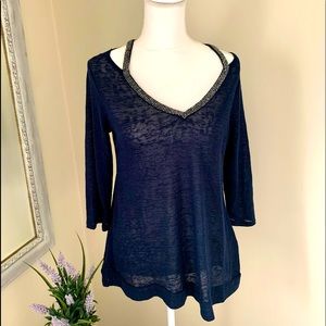 Juicy Couture navy and sparkle trim, cold shoulder top